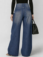 Split-Joint Pockets Hollow Geometric Buttoned Wide Leg Loose Jean Pants Bottoms