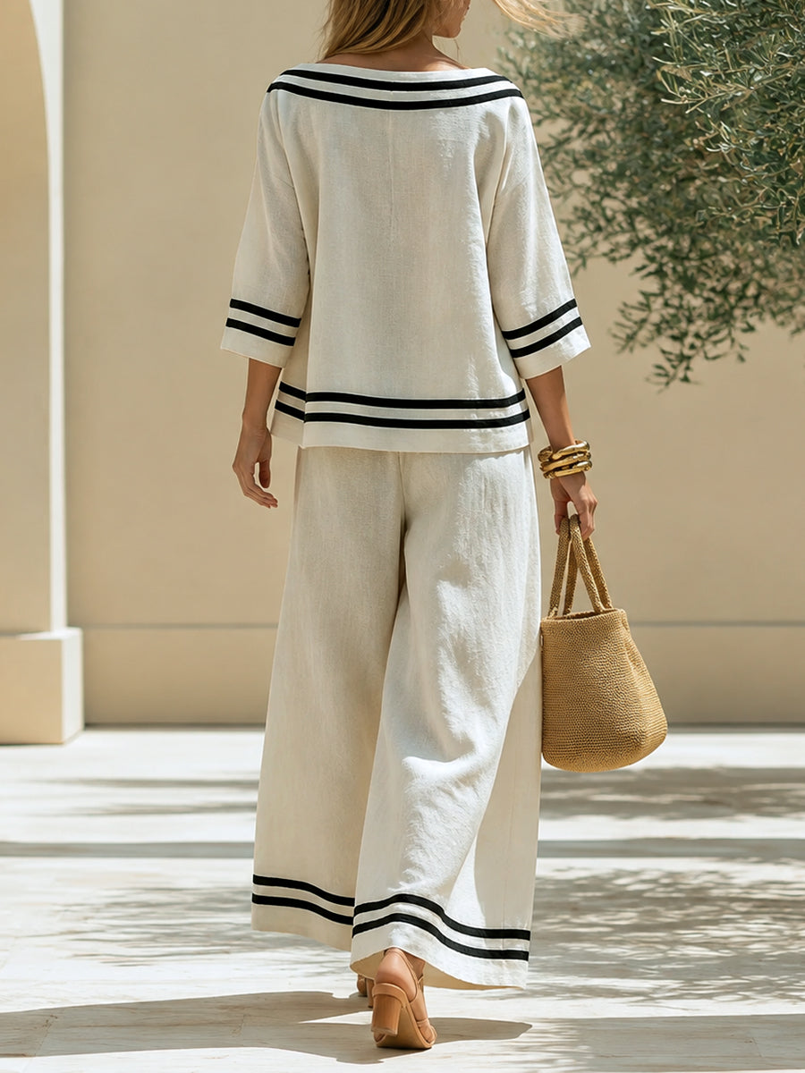 Striped Contrast Color Three-quarter Sleeves Loose Boat Neck Blouses&shirts Tops