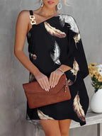 Batwing Sleeves Loose Color-Block Hollow Printed One-shoulder Mini Dresses Short Dresses