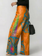 Loose Wide Leg Buttoned Contrast Color Hollow Printed Pants Trousers