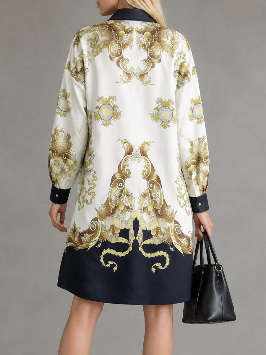 Printed Pockets Buttoned Loose Long Sleeves Lapel Mini Dresses