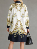Printed Pockets Buttoned Loose Long Sleeves Lapel Mini Dresses