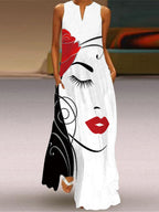 Loose Plus Size Contrast Color Pockets Printed V-Neck Maxi Dresses