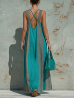 Split-Joint Pockets Contrast Color Backless Sleeveless Loose Square-Neck Maxi Dresses