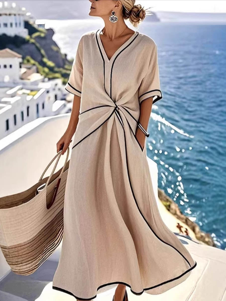 A-Line High Waisted Contrast Color Knot Line Pleated Pockets V-Neck Midi Dresses