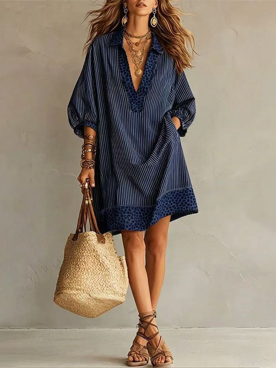 Striped Split-Joint Pockets Leopard Contrast Color Loose Half Sleeves V-neck Mini Dresses