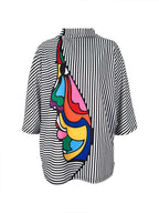 Loose Three-Quarter Sleeves Figure Printed Split-Joint Striped Stand Collar T-Shirts