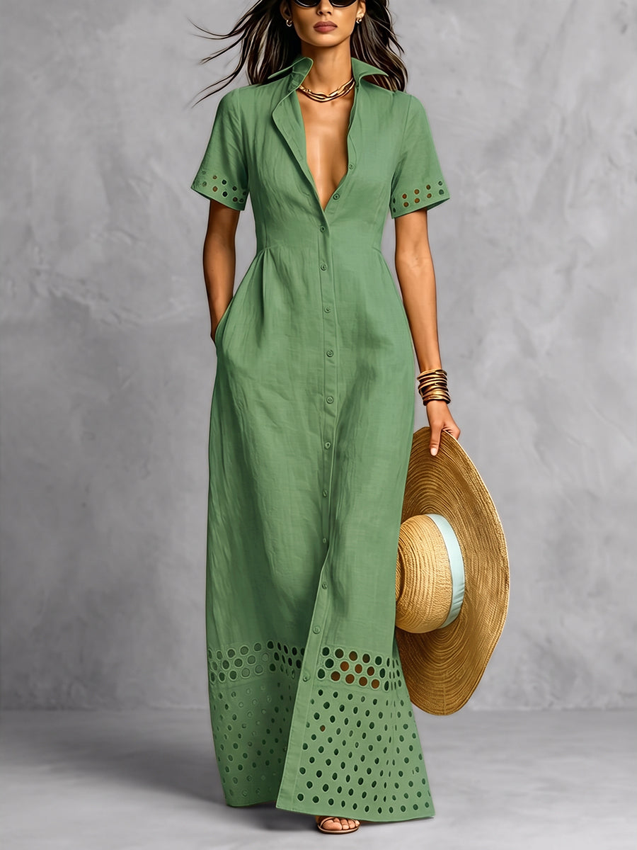 Split-Front Solid Color Pockets Hollow Elasticity Buttoned Short Sleeves Loose Lapel Maxi Dresses