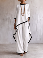 Loose Contrast Color Split-Joint Round-neck High-low Asymmetric Blouses&shirts Tops + Pockets Pants Trousers Two Pieces Set