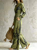Zipper Printed Pockets Contrast Color Wide Leg Loose V-neck Jumpsuits