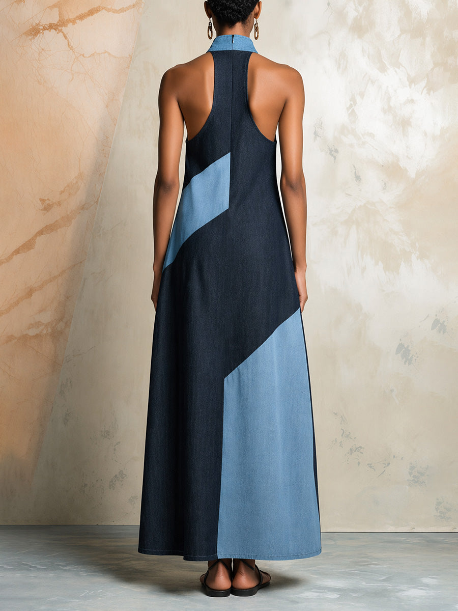 Zipper Split-Joint Pockets Contrast Color Sleeveless Loose Halter-Neck Maxi Dresses