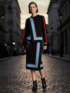 Irregularity Long Sleeves Abstract Printed Asymmetric Contrast Color Ribs Split-Joint Round-Neck Sweater Tops