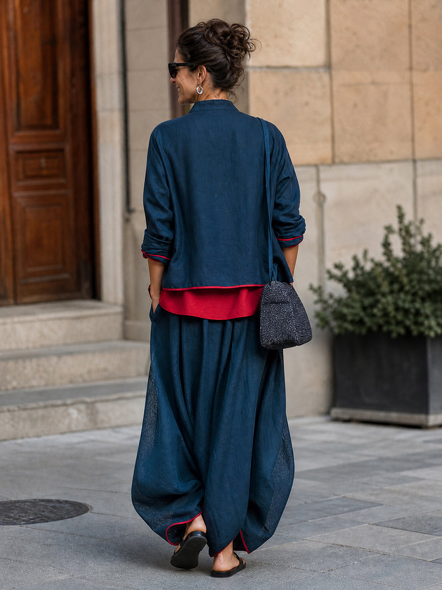Contrast Color Loose Long Sleeves V-neck Blouses&shirts Tops