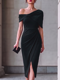 Split-front Solid Color Backless Short Sleeves Plus Size One-shoulder Midi Dresses