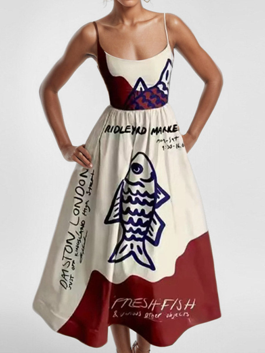 Elasticated Waist High Waisted Contrast Color Pleated Printed Split-Joint Spaghetti-Neck Midi Dresses