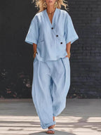 Loose Solid Color V-Neck Asymmetric Buttoned Blouses&Shirts Tops + High Waisted Pockets Pants Trousers Two Pieces Set