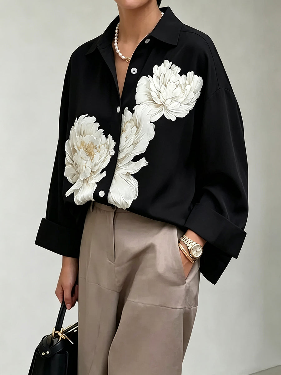 Flower Print Buttoned Loose Long Sleeves Lapel Blouses&shirts Tops