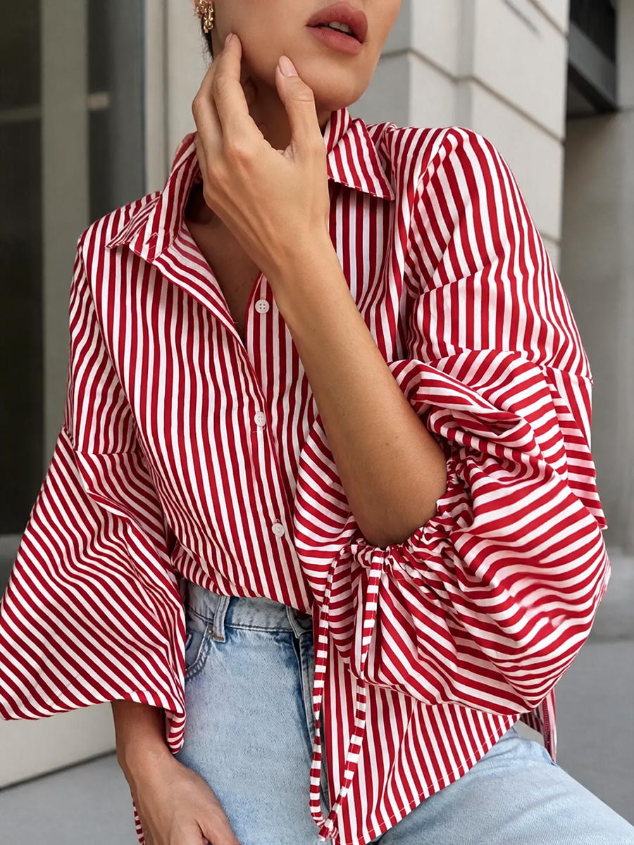 Striped Split-Joint Drawstring Buttoned Puff Sleeves Loose Lapel Blouses&shirts Tops