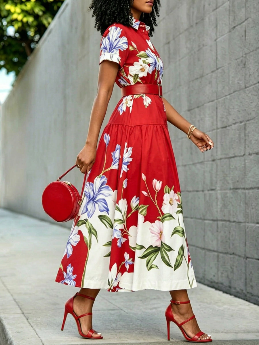 High Waisted Loose Buttoned Contrast Color Flower Print No Belt Pleated Split-Joint Lapel Maxi Dresses Shirt Dress