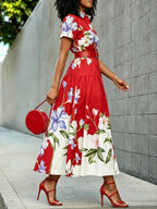 High Waisted Loose Buttoned Contrast Color Flower Print No Belt Pleated Split-Joint Lapel Maxi Dresses Shirt Dress