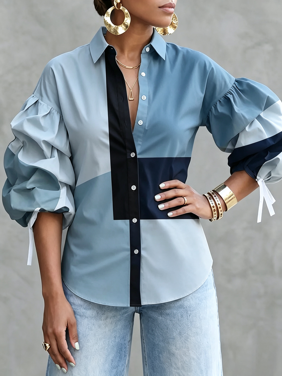 Tied Split-Joint Elasticity Contrast Color Buttoned Three-quarter Sleeves Puff Sleeves Lapel Blouses&shirts Tops