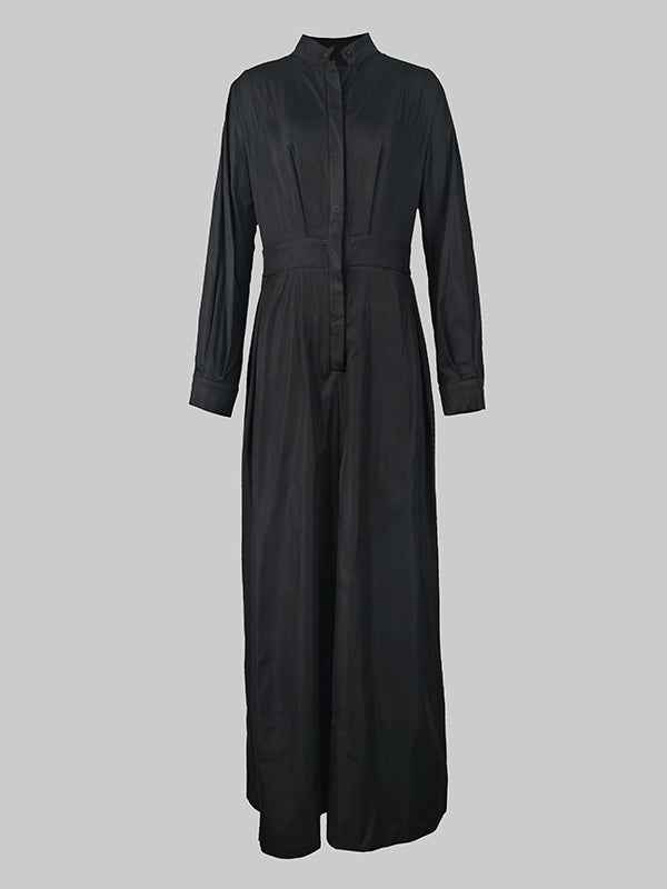 Solid Color No Belt Buttoned Wide Leg Loose V-neck Jumpsuits