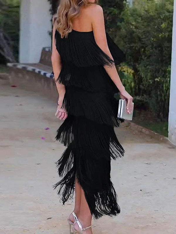 Loose Sleeveless Asymmetric Solid Color Split-Joint Tasseled One-Shoulder Maxi Dresses