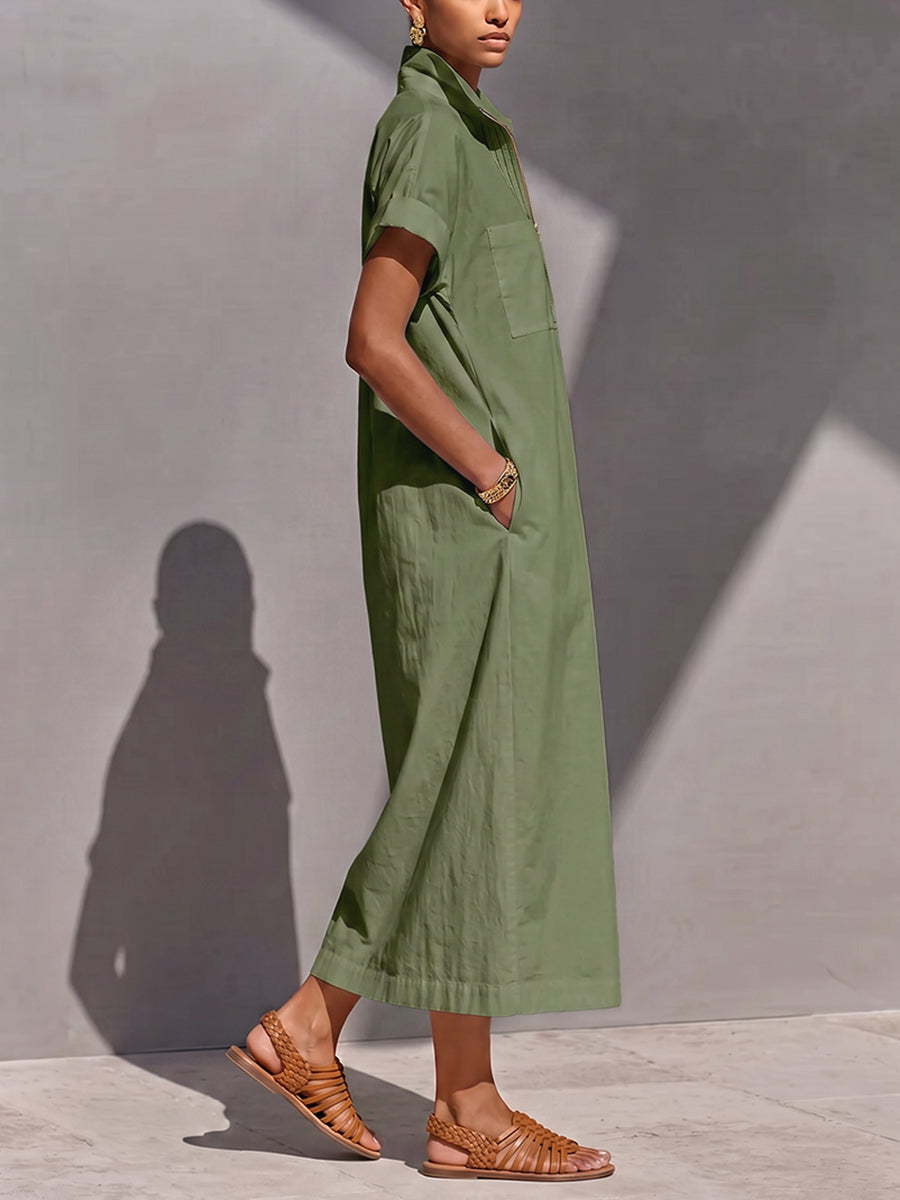 Zipper Solid Color Pockets Sleeveless High Waisted V-neck Maxi Dresses