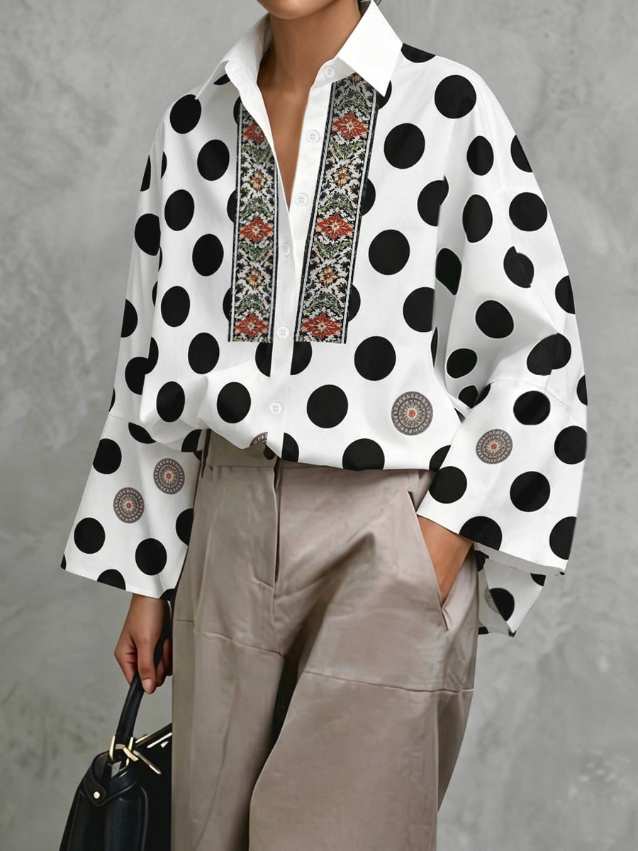 Long Sleeves Loose Buttoned Polka Dot Printed V-Neck Blouses&Shirts Tops