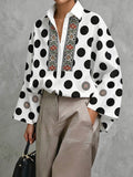 Long Sleeves Loose Buttoned Polka Dot Printed V-Neck Blouses&Shirts Tops