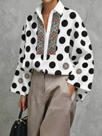Long Sleeves Loose Buttoned Polka Dot Printed V-Neck Blouses&Shirts Tops