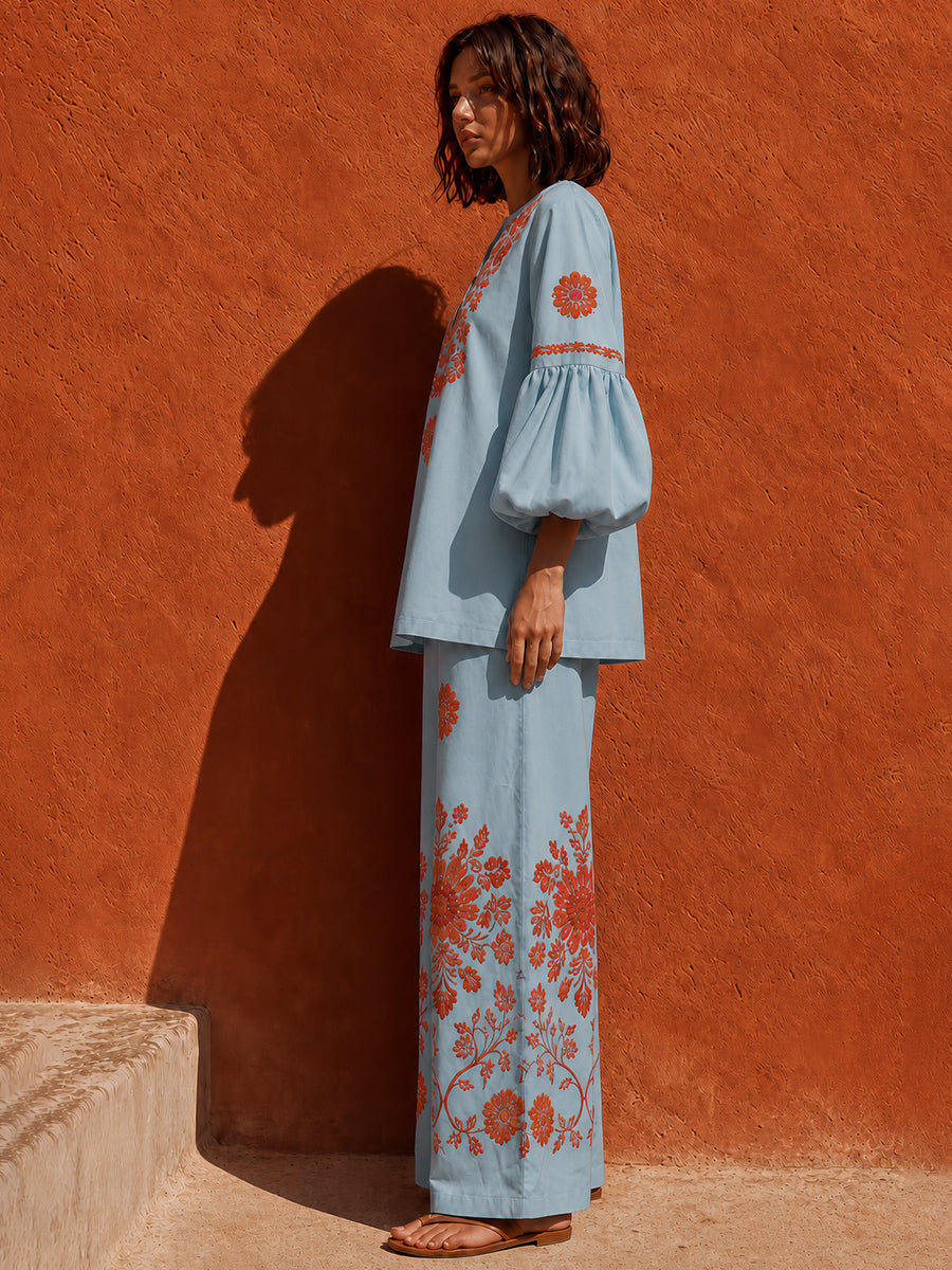 Long Sleeves Contrast Color Flower Print Pleated V-neck Blouses&shirts Tops + Pockets High Waisted Pants Trousers Two Pieces Set
