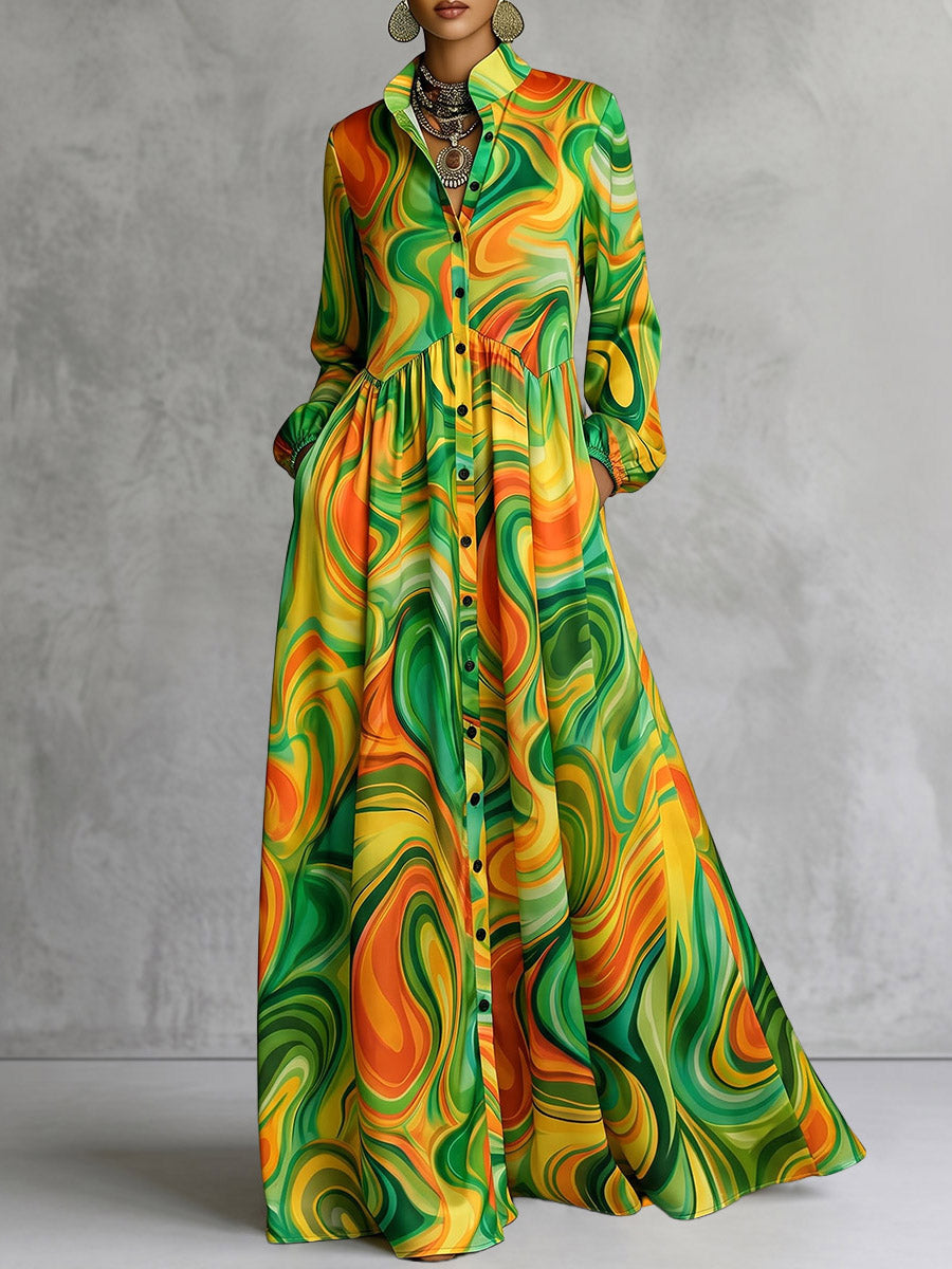 Printed Pockets Pleated Contrast Color Loose Long Sleeves Stand Collar Maxi Dresses