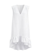 High-Low Loose Pleated Ruffled Solid Color Deep V-Neck Mini Dresses