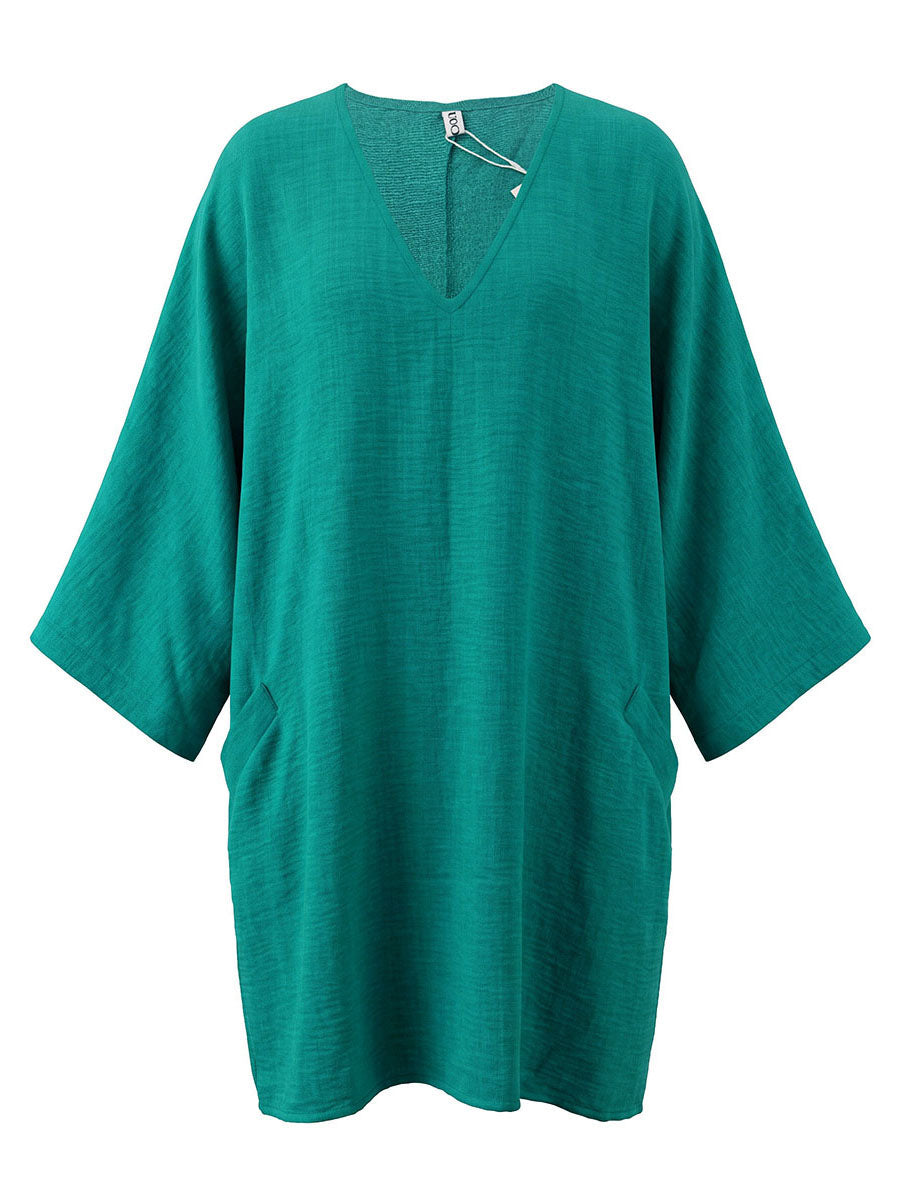 Batwing Sleeves Loose Pockets Solid Color Deep V-Neck Mini Dresses