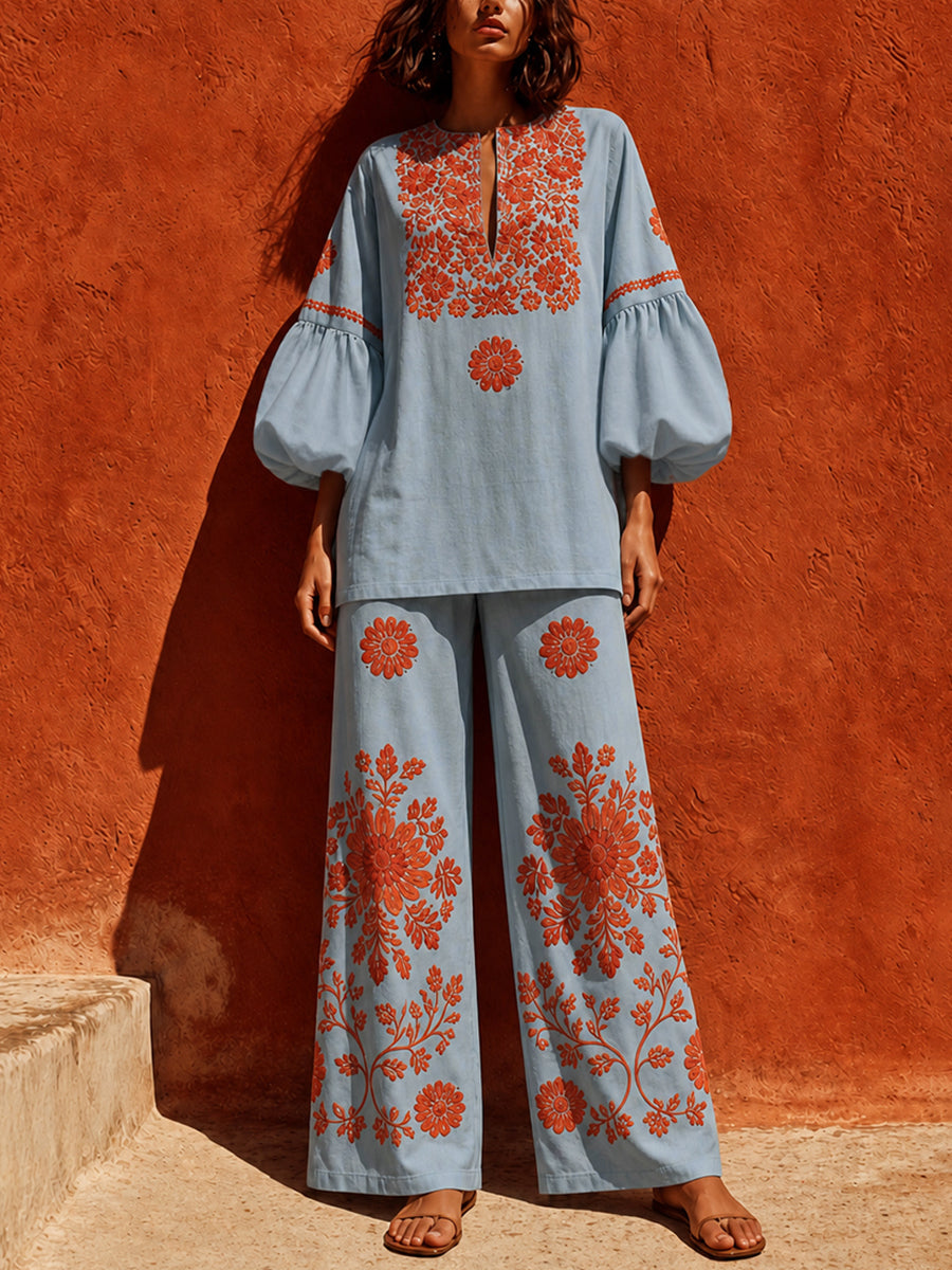 Long Sleeves Contrast Color Flower Print Pleated V-neck Blouses&shirts Tops + Pockets High Waisted Pants Trousers Two Pieces Set