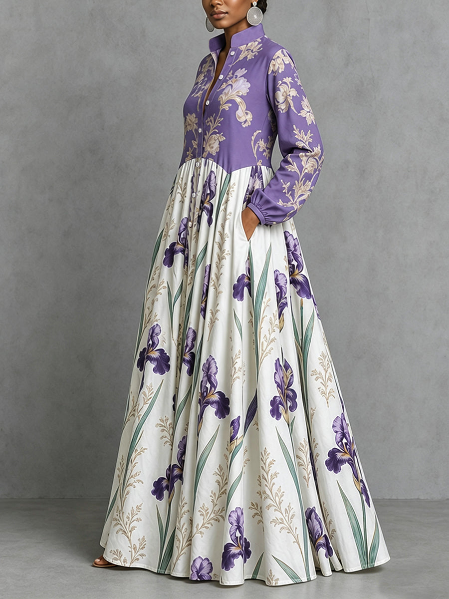 Split-Joint Ruched Pockets Flower Print Contrast Color Buttoned Loose Long Sleeves Stand Collar Maxi Dresses