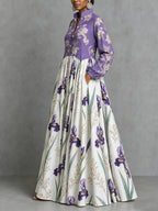 Split-Joint Ruched Pockets Flower Print Contrast Color Buttoned Loose Long Sleeves Stand Collar Maxi Dresses