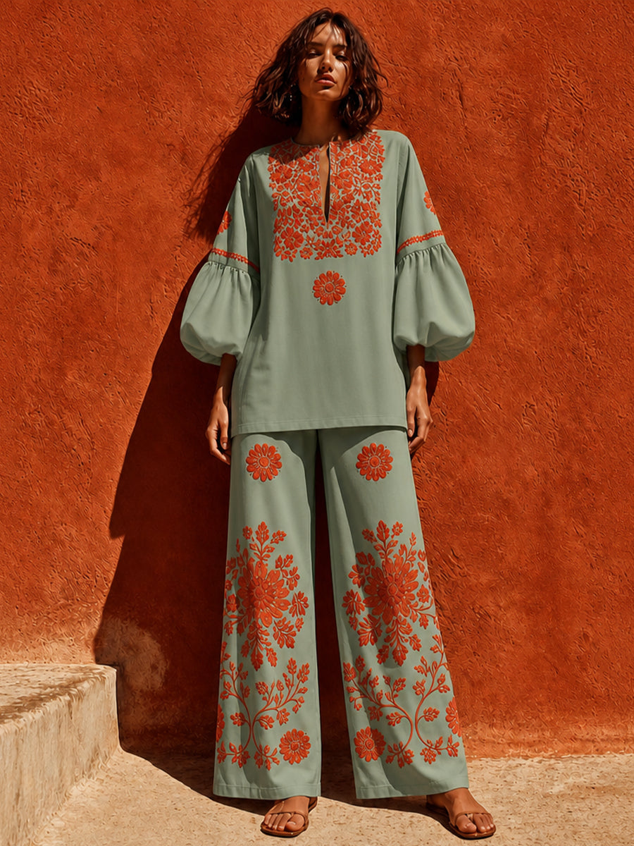 Long Sleeves Contrast Color Flower Print Pleated V-neck Blouses&shirts Tops + Pockets High Waisted Pants Trousers Two Pieces Set