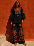 Long Sleeves Contrast Color Flower Print Pleated V-neck Blouses&shirts Tops + Pockets High Waisted Pants Trousers Two Pieces Set