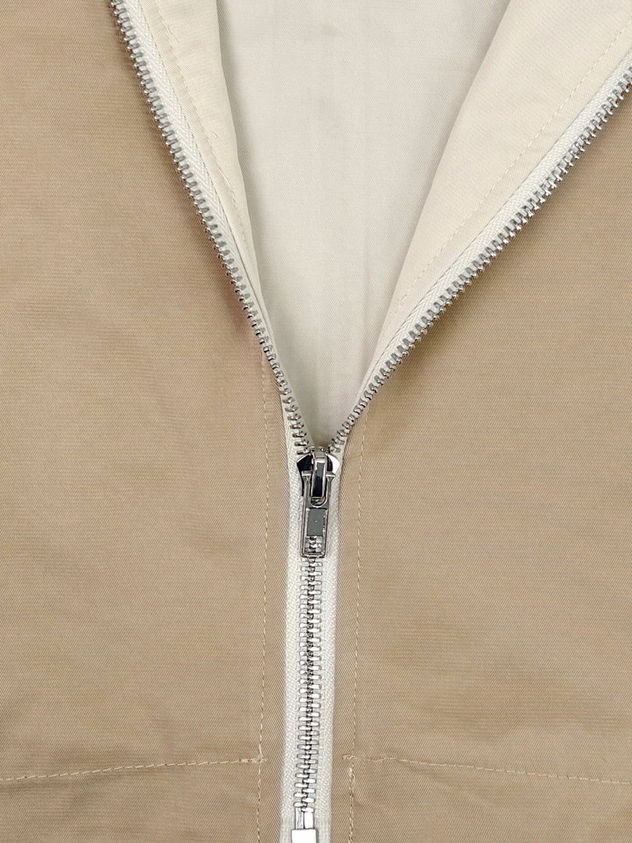 Zipper Drawstring Contrast Color Loose Half Sleeves Lapel Outerwear