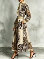 Zebra Printed Split-Joint Pockets Leopard Elasticity Contrast Color Buttoned Long Sleeves High Waisted Lapel Maxi Dresses