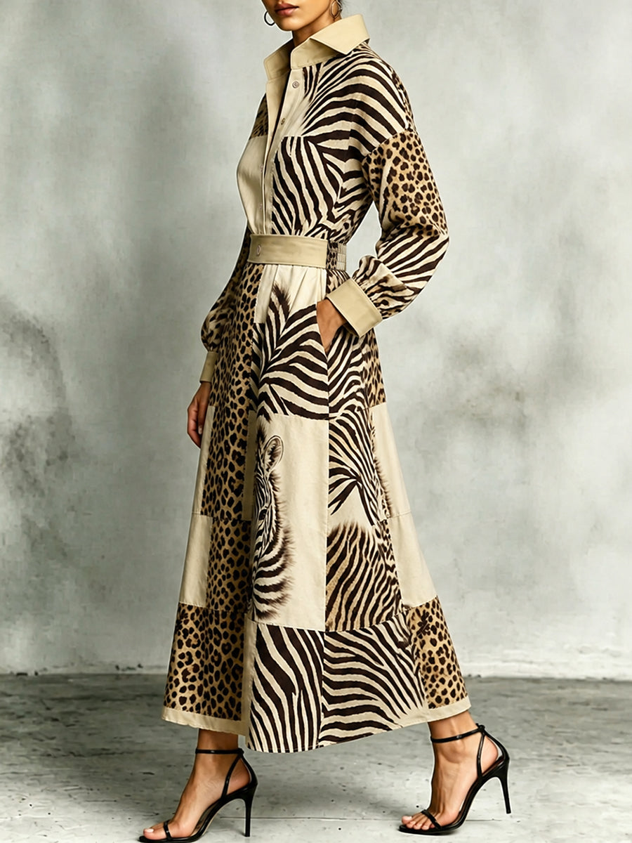 Zebra Printed Split-Joint Pockets Leopard Elasticity Contrast Color Buttoned Long Sleeves High Waisted Lapel Maxi Dresses