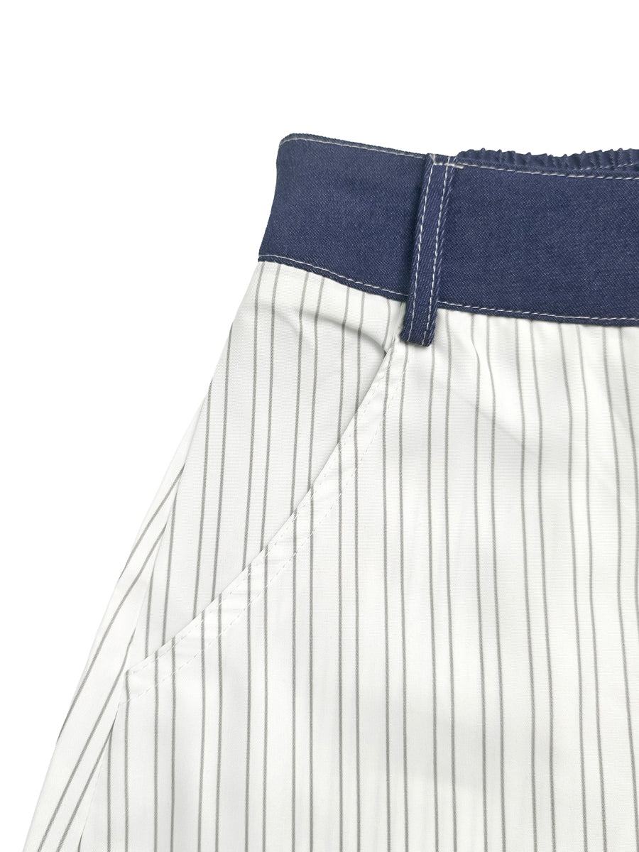 High Waisted Loose Buttoned Contrast Color Pockets Split-Joint Striped Tied Pants Trousers