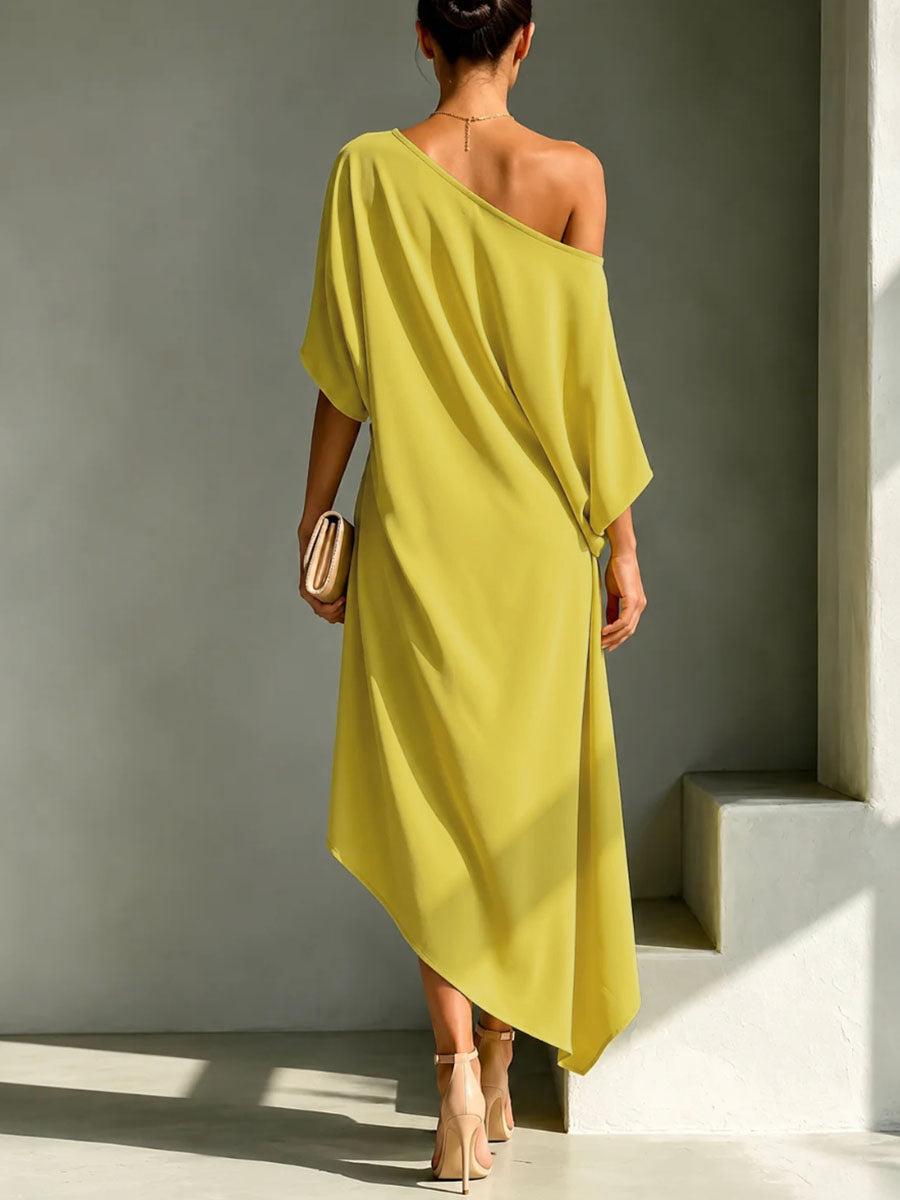 Solid Color Buttoned Backless Asymmetric Loose High-low One-shoulder Maxi Dresses
