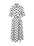 A-Line Half Sleeves Buttoned Contrast Color Elasticity Polka Dot Lapel Maxi Dresses Shirt Dress