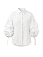 Loose Puff Sleeves Buttoned Solid Color Tied Lapel Blouses&Shirts Tops