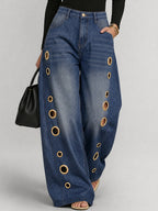 Split-Joint Pockets Hollow Geometric Buttoned Wide Leg Loose Jean Pants Bottoms