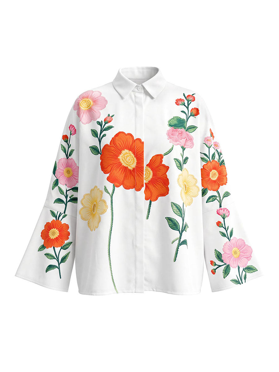 Long Sleeves Loose Buttoned Contrast Color Flower Print Lapel Blouses&Shirts Tops