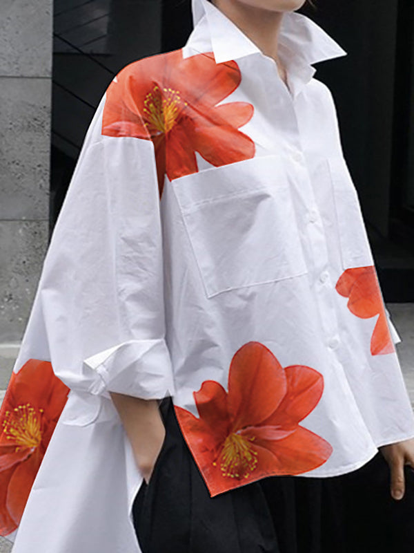 High-Low Long Sleeves Buttoned Flower Print Pockets Split-Side Stand Collar Blouses&Shirts Tops